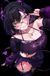  absurdres ahoge bandaid bandaid_on_face bandaid_on_nose black_background black_hair black_shirt blush breasts chains cleavage clothes_writing cowboy_shot crop_top crop_top_overhang female glasses goth_fashion grin highres himeliofon horns indie_virtual_youtuber large_breasts long_sleeves looking_at_viewer midriff miniskirt navel plaid_clothes plaid_skirt pleated_skirt purple_skirt rainhoe round_eyewear shirt short_hair simple_background skirt smile solo standing stomach thighhighs thighs yellow_eyes 