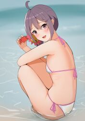  ahoge akebono_(kancolle) animal beach bell bikini blush breasts crab female flower hair_bell hair_between_eyes hair_flower hair_ornament halterneck highres holding holding_animal jingle_bell kantai_collection katsuten long_hair looking_at_viewer looking_back micro_bikini open_mouth outdoors paid_reward_available purple_eyes purple_hair side-tie_bikini_bottom side_ponytail sitting small_breasts solo swimsuit very_long_hair white_bikini 