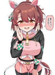  absurdres animal_ears breasts brown_eyes brown_hair checkered_ribbon dantsu_flame_(umamusume) ear_covers ear_ribbon female gryebooks highres horse_ears horse_girl horse_tail large_breasts looking_at_viewer multicolored_hair open_mouth pink_shirt shirt short_hair simple_background smile solo speech_bubble tail teeth translated two-tone_hair umamusume upper_teeth_only white_background white_hair 