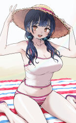  adjusting_clothes adjusting_headwear beach_towel bikini bikini_bottom_only blue_hair boku_no_kokoro_no_yabai_yatsu breasts brown_eyes collarbone commentary_request crop_top female hat hat_ribbon highres looking_at_viewer midriff navel open_mouth pink_bikini pink_ribbon ribbon sitting slippers solo straw_hat striped_bikini striped_clothes swimsuit tank_top teeth tono51044448 towel twintails upper_teeth_only wariza white_tank_top yamada_anna 