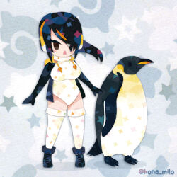  animal bird black_eyes black_hair boots emperor_penguin_(kemono_friends) female full_body gloves grey_background hair_over_one_eye headphones hood hoodie japari_symbol kemono_friends kikuchi_milo leotard long_hair looking_at_viewer penguin penguin_girl simple_background thighhighs 