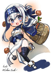  ainu_clothes basket blue_eyes blue_headband breasts carrot chibi cropped_jacket eckert&amp;eich female folded_ponytail headband holding holding_carrot kamoi_(kancolle) kantai_collection large_breasts leg_wrap long_hair long_sleeves looking_at_viewer one-hour_drawing_challenge onion open_mouth pelvic_curtain potato round_teeth sideboob sidelocks smile solo teeth thick_eyebrows upper_teeth_only white_hair wrist_guards 