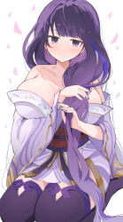  :3 alternate_breast_size arm_between_breasts bare_shoulders between_breasts breasts collarbone commentary_request enipa_28 falling_petals female genshin_impact gold_trim gradient_hair hair_intakes head_tilt highres huge_breasts japanese_clothes kimono light_blush long_hair looking_at_viewer mole mole_under_eye multicolored_hair obi off_shoulder petals purple_eyes purple_hair purple_kimono purple_nails purple_thighhighs raiden_shogun raised_eyebrows red_sash sash seiza simple_background sitting solo thighhighs tying_hair very_long_hair white_background wide_sleeves 