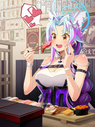  absurdres archer_(dungeon_&amp;_fighter) arm_strap armlet bare_shoulders blush bow bracelet braid breasts chopsticks cleavage collarbone dungeon_and_fighter eating female fish_(food) food hair_ornament hairbow highres holding indoors jewelry large_breasts long_hair medium_breasts multicolored_hair muse_(dungeon_&amp;_fighter) nail_polish nigirizushi open_mouth red_eyes restaurant ring shrimp sitting smile solo sushi two-tone_hair very_long_hair yuhito_(vlack1492) 