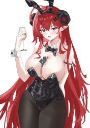  absurdres animal_ears arm_behind_back arm_strap azur_lane between_breasts black_bow black_bowtie black_horns black_leotard black_pantyhose bow bowtie breasts card card_between_breasts commentary_request cowboy_shot cup detached_collar drinking_glass fake_animal_ears female hand_up highres hindenburg_(azur_lane) hindenburg_(delirious_duel)_(azur_lane) holding holding_cup horns huge_breasts leotard long_hair looking_at_viewer mianbei_gai_gai oerba_yun_fang official_alternate_costume open_mouth pantyhose playboy_bunny pointy_ears rabbit_ears red_eyes red_hair simple_background skin_fang smile solo strapless strapless_leotard thighband_pantyhose very_long_hair white_background wine_glass wrist_cuffs 