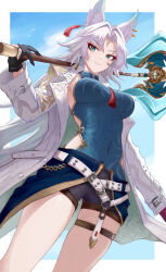  &gt;:) absurdres animal_ears aqua_eyes aqua_shirt armpits axe belt black_gloves black_shorts breasts chinese_commentary coat commentary_request covered_navel cowboy_shot feixiao_(honkai:_star_rail) female fox_ears gloves highres holding holding_axe holding_weapon honkai:_star_rail honkai_(series) huangwanzi large_breasts long_sleeves looking_at_viewer open_clothes open_coat shirt short_shorts shorts sleeveless sleeveless_shirt solo standing thigh_strap thighs v-shaped_eyebrows weapon white_belt white_coat white_hair 