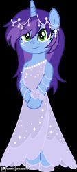  absurd_res anthro blue_body cher_nobyl clothed clothing clubvixen dress equid equine fan_character female flat_chested freckles fully_clothed green_eyes hair hasbro hi_res hooves horn mammal my_little_pony mythological_creature mythological_equine mythology purple_hair solo unicorn 