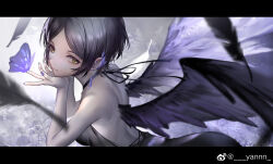  backless_dress backless_outfit black_dress black_hair bug butterfly commentary dress earrings female hayami_kanade highres idolmaster idolmaster_cinderella_girls jewelry letterboxed looking_at_viewer nail_polish purple_butterfly purple_nails short_hair sidelocks solo weibo_watermark wings yannn yellow_eyes 