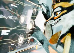  3d_(artwork) c4d daytia digital_media_(artwork) electronics fur hair hi_res hud invalid_tag male posed rexouium television vrchat 