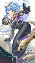  absurdres blue_hair bodysuit drone female fire_emblem fire_emblem_heroes goggles goggles_on_head highres ikura_(downdexp) looking_at_viewer official_alternate_costume open_mouth ponytail reginn_(dvergr_heir)_(fire_emblem) reginn_(fire_emblem) robot skin_tight smile solo teeth upper_teeth_only 