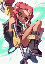  agent_8_(splatoon) anklet backpack bag black_footwear black_shirt black_skirt boots closed_mouth commentary_request crop_top e-liter_4k_(splatoon) female full_body hand_in_own_hair high_heel_boots high_heels highres holding holding_weapon jewelry kuroi_susumu long_hair looking_at_viewer midriff miniskirt octoling octoling_girl octoling_player_character orange_eyes pencil_skirt red_hair shirt single_sleeve skirt solo splatoon_(series) splatoon_2 splatoon_2:_octo_expansion suction_cups tentacle_hair weapon wristband yellow_wristband zipper 