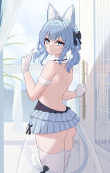  absurdres animal_ears arm_garter ass azur_lane back backless_dress backless_outfit bare_shoulders black_bow blue_dress blue_eyes blue_hair bow cat_ears cat_girl cat_tail commentary_request detached_collar diadem dress expressionless female from_behind gloves hair_between_eyes hairbow hand_up highres index_finger_raised long_hair looking_at_viewer looking_back medium_hair parted_lips pleated_dress see-through see-through_dress short_dress skindentation slit_pupils solo standing strapless strapless_dress suzunami_(azur_lane) suzunami_(winter_beauty&#039;s_ball_gown)_(azur_lane) tail tail_bow tail_ornament tail_under_clothes thighhighs thighs twintails upskirt white_gloves xin_sanmu 