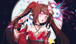  absurdres bare_shoulders bell black_background black_choker black_sash brown_gloves brown_hair butterfly-shaped_pupils choker collarbone criss-cross_halter daon_(93111_ys) detached_sleeves dress female fox_mask gloves glowing glowing_eyes gun halterneck highres honkai:_star_rail honkai_(series) mark_under_both_eyes mask mask_on_head neck_bell o-ring open_mouth red_dress red_sleeves revolver sash snubnosed_revolver solo sparkle_(honkai:_star_rail) spotlight symbol-shaped_pupils twintails upper_body weapon 