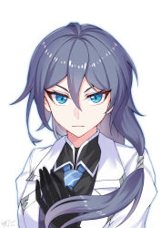  absurdres black_gloves black_hair black_shirt blue_eyes blue_necktie blue_outline closed_mouth collared_shirt female formal fu_hua fu_hua_(night_squire) gloves highres honkai_(series) honkai_impact_3rd jacket long_hair looking_at_viewer necktie outline shirt signature simple_background solo upper_body white_background white_jacket white_shirt zheli_xingge 