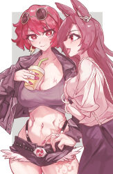  2girls absurdres alternate_costume animal_ears black_jacket black_skirt breasts cleavage closed_mouth commentary_request commission cowboy_shot denim denim_shorts earrings eyewear_on_head fingernails grey_background highres horikawa_raiko imaizumi_kagerou jacket jewelry large_breasts leg_tattoo lightning_bolt_earrings lightning_bolt_symbol lightning_bolt_tattoo long_fingernails mitsudomoe_(shape) multiple_girls navel open_mouth red_eyes red_hair red_nails ring senmura shirt shorts skeb_commission skirt smile sunglasses tattoo tomoe_(symbol) touhou white_shirt wolf_ears wolf_girl yuri 