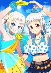  2girls absurdres alternate_hairstyle arashi_chisato arched_bangs arm_up armpits belt blonde_hair blue_choker blue_dress blue_eyes blue_hair blue_skirt blue_sky breasts brown_belt choker cloud collarbone cosplay costume_switch cowboy_shot curtained_hair day denim denim_skirt detached_sleeves double_bun dress frilled_dress frilled_shirt frilled_sleeves frills gloves gradient_hair grin hair_bun hair_ornament hairclip hairstyle_switch highres light_blue_hair link!_like!_love_live! litecolors_radi long_hair looking_at_viewer love_live! love_live!_superstar!! midriff miniskirt multicolored_hair multiple_girls natsumeki_pain navel osawa_rurino parted_bangs puffy_short_sleeves puffy_sleeves red_eyes shirt short_sleeves sidelocks single-shoulder_dress single_side_bun skirt sky sleeveless sleeveless_shirt small_breasts smile star_(symbol) star_hair_ornament tokonatsu_sunshine twintails virtual_youtuber white_hair white_shirt x_hair_ornament yellow_dress yellow_gloves 