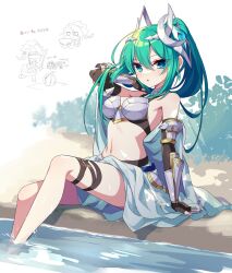  armor artemis_(p&amp;d) bikini_armor elbow_gloves female gauntlets gloves green_eyes green_hair headpiece highres kozakura_(dictionary) lake navel ponytail puzzle_&amp;_dragons sitting solo suikawari thigh_strap vajrayaksa_(p&amp;d) 