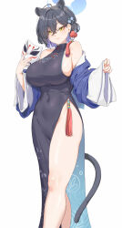  animal_ears bare_shoulders black_dress black_hair blue_archive blue_halo blush breasts china_dress chinese_clothes closed_mouth covered_navel dress fangxiang_cuoluan feet_out_of_frame female hair_bun halo highres holding holding_mask kaguya_(blue_archive) large_breasts long_sleeves mask off_shoulder sideboob simple_background smile solo standing tail thighs unworn_mask white_background wide_sleeves 