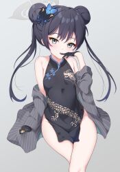  black_dress black_hair blue_archive butterfly_hair_ornament china_dress chinese_clothes commentary_request double_bun dress female grey_eyes grey_halo hair_bun hair_ornament halo highres itaba_atsushi kisaki_(blue_archive) long_hair looking_at_viewer solo twintails 