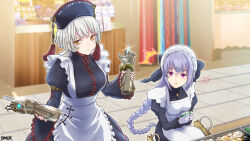  amata_primus apron black_bow black_dress black_hat bow braid breasts copyright_name dairoku_ryouhei dress gauntlets gloves hairbow hat highres holding holding_gloves holding_unworn_clothes indoors long_hair long_sleeves maid maid_apron medium_breasts puffy_long_sleeves puffy_sleeves purple_eyes purple_hair shapping short_hair tassel turning_head very_long_hair white_hair yellow_eyes 