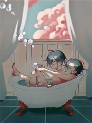  2boys ahoge barefoot bathing bathtub between_legs black_hair blue_sky bubble commentary_request completely_nude curtains danganronpa_(series) danganronpa_v3:_killing_harmony eyelashes flipped_hair from_side hair_between_eyes highres in_bathtub indoors knee_up leg_up looking_at_viewer male_focus multiple_boys nude oma_kokichi open_mouth pink_clouds profile purple_eyes saihara_shuichi short_hair signature sky smile window yaoi yellow_eyes ze_ro_saiji 