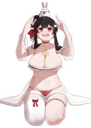  absurdres animal_between_breasts animal_on_head asymmetrical_legwear ayase_(a_glimpse_of_the_moon_rabbit)_(azur_lane) ayase_(azur_lane) azur_lane bell between_breasts black_hair breasts choker cleavage collarbone detached_sleeves frills hair_bun hair_ornament hands_up highres huge_breasts jingle_bell manjuu_(azur_lane) medium_hair navel neck_bell official_alternate_costume on_head panties red_choker red_eyes red_panties see-through see-through_sleeves simple_background single_thighhigh stomach thigh_strap thighhighs underwear white_background white_rabbit_(animal) white_thighhighs x_hair_ornament xin_sanmu 