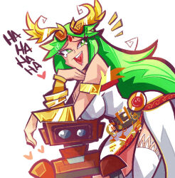  breasts demonbloodpal diadem family_computer_robot female green_eyes heart kid_icarus kid_icarus_uprising laughing open_mouth palutena robot sideboob simple_background single_thighhigh super_smash_bros. thighhighs white_background white_thighhighs 