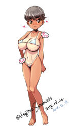  areola_slip arm_at_side arm_behind_back artist_name bare_shoulders bikini black_hair blush breasts collarbone dated embarrassed feet female full_body green_eyes heart heart-shaped_pupils highres large_breasts looking_at_viewer micro_bikini navel original sanemichi_hajime short_hair simple_background smile standing stomach swimsuit symbol-shaped_pupils tan tanlines thigh_gap thighs twitter_username white_background 