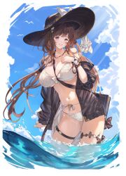  absurdres ayacho belt between_breasts bikini black_hat bow breast_strap breasts cleavage female flower flower_hairpin granblue_fantasy hair_flower hair_ornament hair_scrunchie hat hat_bow highres large_breasts official_alternate_costume raziel_(granblue_fantasy) raziel_(summer)_(granblue_fantasy) scrunchie solo strap_between_breasts sun_hat swimsuit thigh_belt thigh_strap white_bikini white_bow white_scrunchie 