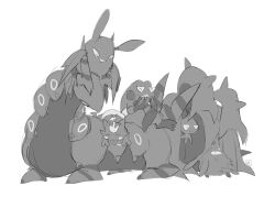  2_fingers 3_fingers 3_toes ambiguous_gender carrying_another closed_eyes croagunk crobat feet feral fingers generation_2_pokemon generation_4_pokemon generation_5_pokemon generation_7_pokemon generation_8_pokemon group looking_up monochrome nintendo on_head pokemon pokemon_(species) rival_ado scolipede simple_background size_difference smile toes tongue tongue_out toxapex toxel trubbish white_background 