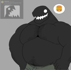  anthro black_body body_hair burger food hi_res male monster_(geometry_dash) musclegut muscular muscular_anthro overweight overweight_anthro shirtless_anthro solo speech_bubble white_eyes zavrise 