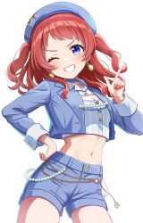  belly_chain blue_eyes blue_jacket blue_shorts blush boom_boom_pow_(idolmaster) breasts brown_hair cleavage cowboy_shot crop_top cropped_jacket cropped_shirt dot_nose earrings female floating_hair gakuen_idolmaster glint grin hanami_saki hand_on_own_hip hand_up hat idolmaster index_finger_raised jacket jewelry long_hair long_sleeves looking_at_viewer medium_breasts midriff navel open_clothes open_jacket sakura_ran shirt shorts simple_background smile solo standing two_side_up v-shaped_eyebrows white_background white_shirt 