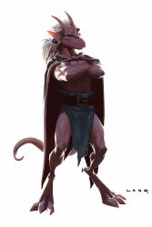  anthro belt bottomwear brooklyn_(gargoyles) clothed clothing crossed_arms disney gargoyle gargoyles hair horn humanoid_pointy_ears loincloth loincloth_only male membrane_(anatomy) membranous_wings red_body ryanlangdraws scalie smile solo tail topless white_hair wings 