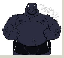  anthro black_body black_fur blush blush_lines boxers_(clothing) boxers_only clothed clothing fur hands_on_belly juanchodrilo male monster_(geometry_dash) nipples overweight overweight_anthro overweight_male solo text topless underwear underwear_only 