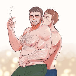  2boys bara belly blush chris_redfield couple cowboy_shot grin hairy highres holding_hands male_focus multiple_boys muscular muscular_male navel nipples piers_nivans plump resident_evil short_hair smile smoking standing surugi_(9zs0xk) thick_eyebrows yaoi 