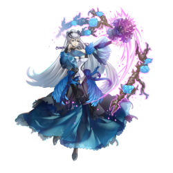  alternate_costume black_choker black_dress black_footwear black_tiara blue_dress blue_eyes blue_flower blue_rose bouquet breasts bride choker cleavage conope dress eir_(fire_emblem) female fire_emblem fire_emblem_heroes flower halloween halloween_costume highres large_breasts long_hair ponytail rose see-through see-through_sleeves sidelocks solo thorns tiara white_dress white_hair 