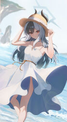  absurdres arms_up bare_arms bare_legs bare_shoulders blue_archive blue_hair blurry blurry_background blush breasts closed_mouth collarbone day dress female hair_between_eyes hand_on_headwear hat highres kayoko_(blue_archive) long_hair looking_at_viewer lying ocean outdoors red_eyes rega sidelocks sky sleeveless sleeveless_dress small_breasts smile solo standing straw_hat sun_hat sundress water white_dress 