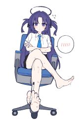  absurdres bare_legs barefoot blue_archive blue_eyes blue_hair blush chair closed_mouth crossed_legs female halo highres holding holding_pen je_o_mo legs long_hair looking_at_viewer necktie office_chair pen short_sleeves simple_background sitting spoken_blush sweat swivel_chair thighs twintails white_background yuuka_(blue_archive) 