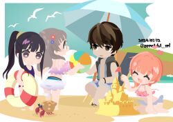  01_(zeroichi_srl) 1boy 3girls :d atelier_(series) atelier_resleriana atelier_rorona atelier_totori ball barefoot beach beach_umbrella beachball bikini bird black_hair blue_pants blue_sky brown_eyes brown_hair chibi chibi_only cloud crab dated day flag holding holding_flag innertube jacket long_hair looking_at_another looking_down mimi_houllier_von_schwarzlang multiple_girls official_alternate_costume one-piece_swimsuit open_mouth outdoors pants ponytail rorolina_frixell sand_castle sand_sculpture seagull short_hair sitting sky smile standing sterkenburg_cranach swim_ring swimsuit totooria_helmold twitter_username umbrella water white_jacket 