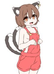  :d animal_ear_fluff animal_ear_piercing animal_ears bare_arms blush breasts brown_eyes brown_hair cat_ears cat_tail chen collarbone commentary_request cowboy_shot double-parted_bangs earrings female hair_between_eyes hands_up happy jewelry looking_at_viewer multiple_tails naked_overalls nekomata oerba_yun_fang onkn_sxkn open_mouth overalls short_hair sideboob simple_background single_earring skin_fang small_breasts smile solo tail touhou two_tails white_background 