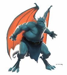  anthro belt blue_body bottomwear bottomwear_aside broadway_(gargoyles) clothed clothing clothing_aside disney ear_frill featureless_chest frill_(anatomy) gargoyle gargoyles loincloth loincloth_aside male membrane_(anatomy) membranous_wings overweight ryanlangdraws scalie smile solo spikes spikes_(anatomy) tail topless wings 