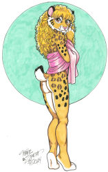  2024 anthro ass black_body black_fur blonde_hair bottomless clothed clothing digitigrade fangs felid female fur hair looking_at_viewer looking_back mammal orange_eyes prehistoric_species saber-toothed_tiger sabertooth_(anatomy) smile solo teeth terrie_smith white_body white_fur yellow_body yellow_fur 