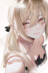  andi_1021 bare_shoulders black_ribbon blonde_hair blush breasts breasts_apart closed_mouth collarbone commentary facing_viewer female hair_between_eyes hair_ribbon kiss-shot_acerola-orion_heart-under-blade kizumonogatari long_sleeves looking_to_the_side medium_breasts monogatari_(series) oerba_yun_fang orange_hair oshino_shinobu ribbon sidelocks sideways_glance simple_background skin_fang solo upper_body white_background 