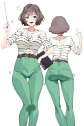  absurdres belt_buckle blush bob_cut breasts brown_hair buckle codename47 commentary_request feet_out_of_frame female gakuen_idolmaster green_pants highres holding holding_pointer idolmaster looking_at_viewer medium_breasts multiple_views neo_asari pants partial_commentary pointer purple_eyes shirt shirt_tucked_in simple_background smile striped_clothes striped_shirt white_background 