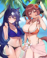  2girls absurdres alternate_costume animal_ears artist_collaboration beach blue_hair blush breasts dark_blue_hair flower gentildonna_(umamusume) hair_ornament hair_rings highres horei_tsuna horse_ears horse_girl jewelry large_breasts long_hair looking_at_viewer medium_breasts medium_hair multiple_girls necklace newon ocean palm_tree purple_eyes red_eyes sky smile sweat swimsuit tree umamusume verxina_(umamusume) 