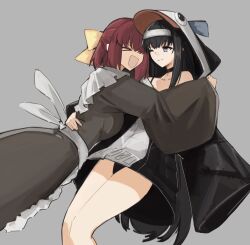  &gt;_&lt; 2girls :d absurdres black_dress black_hair blue_eyes bow commentary commission dress english_commentary grey_background hairband hairbow highres hug jonyeld kohaku_(tsukihime) long_dress long_hair maid medium_hair multiple_girls one_eye_closed red_hair simple_background smile thighs tohno_akiha tsukihime white_hairband wide_sleeves xd yellow_bow 