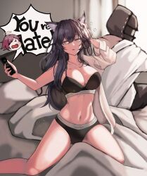  1boy absurdres animal_ear_fluff animal_ears arknights black_bra black_hair black_panties bra cellphone doctor_(arknights) exusiai_(arknights) female gomsang-oh highres holding holding_phone linea_alba long_hair navel on_bed panties phone smartphone tail texas_(arknights) underwear wolf_ears wolf_girl wolf_tail yellow_eyes 