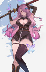  absurdres asymmetrical_gloves asymmetrical_legwear belt boots braid breasts bug butterfly cleavage_cutout clothing_cutout demon_horns draph female gloves granblue_fantasy hair_ornament hair_over_one_eye highres horns large_breasts long_hair mufeng_(user_eyvh3584) narmaya_(granblue_fantasy) purple_eyes purple_hair single_braid single_thighhigh solo thigh_strap thighhighs uneven_gloves 