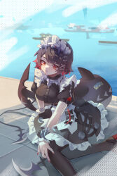  absurdres black_hair blue_sky breasts candy colored_inner_hair commentary day dot_nose dress ellen_joe female fins fish_tail food food_in_mouth foot_out_of_frame frilled_dress frills hair_ornament hand_on_own_knee highres large_breasts lollipop looking_at_viewer maid maid_headdress mole mole_on_arm mouth_hold multicolored_hair nail_polish outdoors pantyhose red_eyes red_hair red_nails rong_(pixiv108799890) shark_girl shark_tail short_hair short_sleeves sitting sky solo symbol-only_commentary tail two-tone_hair water x_hair_ornament yokozuwari zenless_zone_zero 