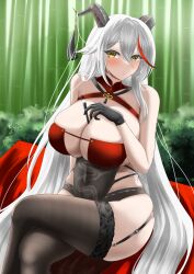  absurdres aegir_(azur_lane) aegir_(golden_dragon_among_auspicious_clouds)_(azur_lane) azur_lane bamboo bamboo_forest bare_shoulders between_breasts black_garter_straps black_gloves black_horns black_thighhighs breasts calligraphy_brush cleavage commentary_request criss-cross_halter crossed_legs female forest framed_breasts garter_straps gloves hair_between_eyes hair_on_horn halterneck highres holding holding_calligraphy_brush holding_paintbrush horn_ornament horns lace-trimmed_thighhighs lace_trim large_breasts long_hair looking_at_viewer multicolored_hair nature official_alternate_costume osasa_(osasabeaf) paintbrush red_hair sideless_outfit skindentation solo streaked_hair thighhighs two-tone_hair very_long_hair white_hair yellow_eyes 